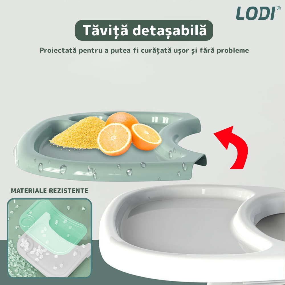 Scaun de Masa 3in1 pentru Bebelusi si Copii Lodi634, inaltime ajustabila, centura de siguranta in 5 puncte, tavita reglabila si detasabila, loc depozitare jucarii, verde turcoaz