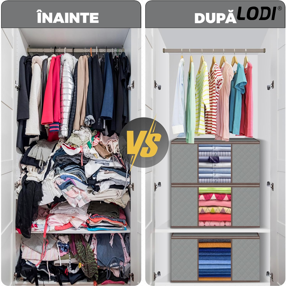 Cutie Depozitare si Organizare Mica Lodi1027, pliabila, maner ranforsat si fereastra transparenta, pentru haine/paturi/ plapumi/ perne/ lenjerii de pat/jucarii, 60 L, 46x 48x 28 cm, gri deschis