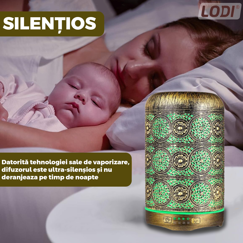 Difuzor Aromaterapie Lodi605, din metal, design vintage, 7 culori LED, 2 jocuri de lumini, capacitate 250ml, silentios, umidifica aerul, bronz