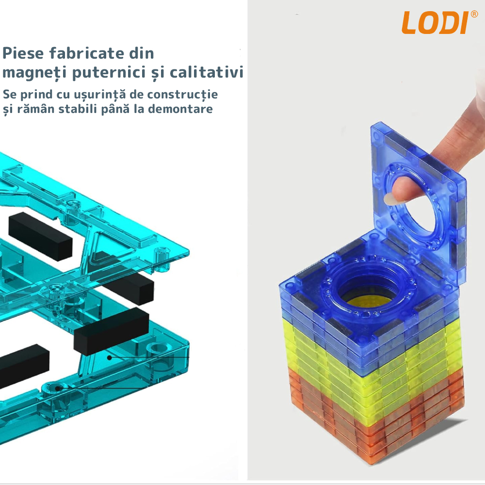 Set Inteligent si Creativ Magnetic 3D Lodi113, 96 Piese, traseu cu bile, creativ, numeroase posibilitati de construit, dezvoltarea abilitatilor motrice si a imaginatiei, multicolor
