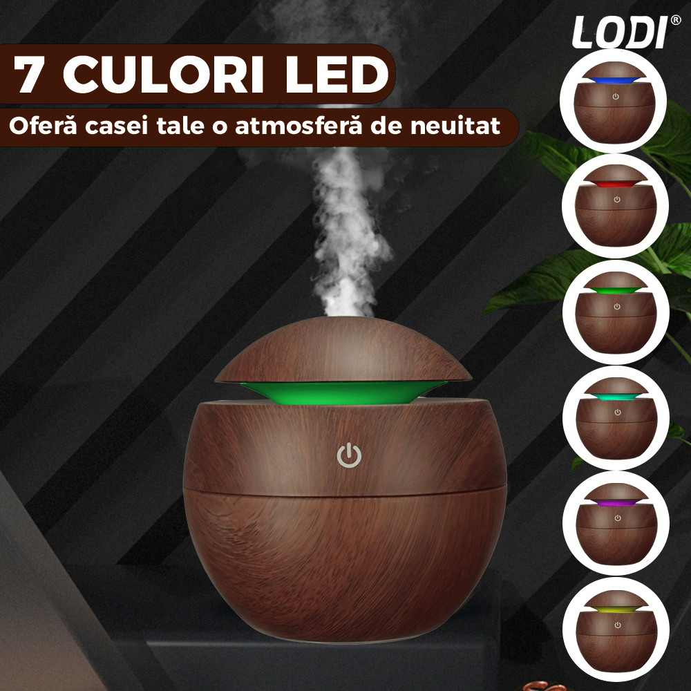 Difuzor Aromaterapie Lodi1465, forma de sfera, 7 culori LED, lumini dinamice, control tactil, capacitate 130ml, silentios, rezerva inclusa, umidifica aerul, stejar inchis