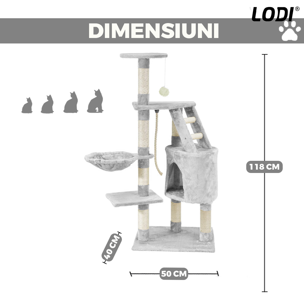 Ansamblu de Joaca pentru Pisici Lodi820, tip turn, 1 platforma de observatie, 4 niveluri, 1 casuta, scara, franghie si mingiute de joaca, stalpi pentru zgariat, captuseala extra moale, structura stabila, 118 cm, gri deschis