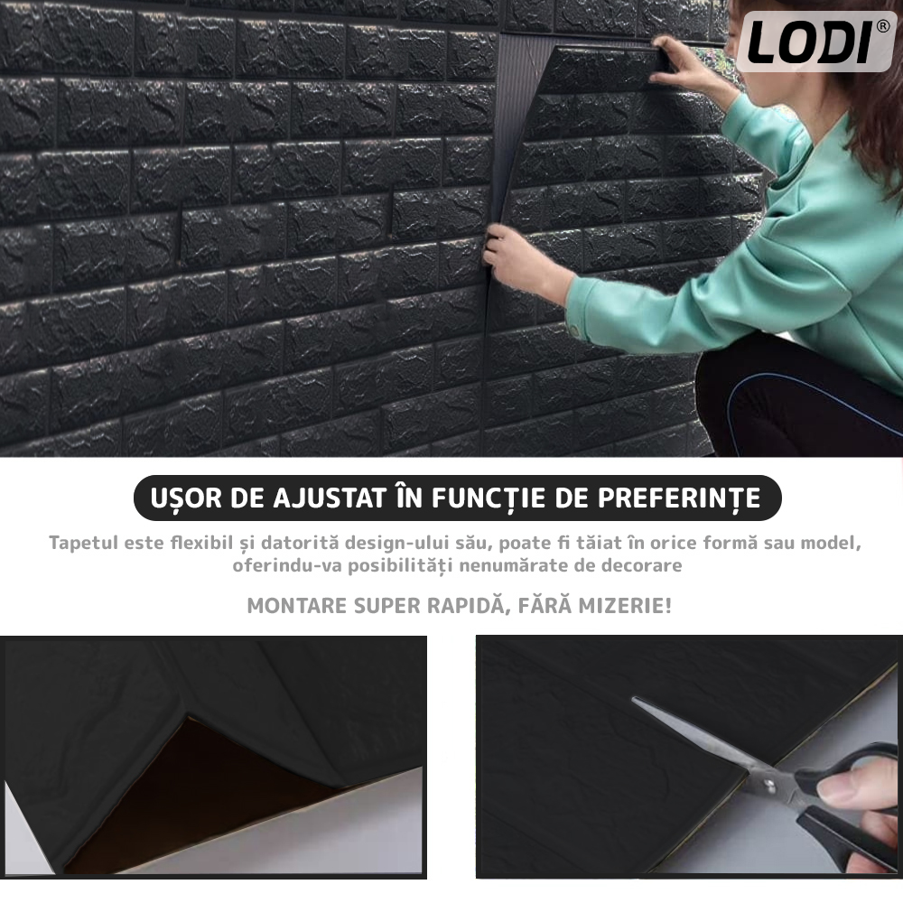 Set Tapet Mic Caramida 3D Lodi104, suprafata acoperire 3.31 mp, autoadeziv, waterproof, usor de montat, design modern, 38,5x34 cm, negru