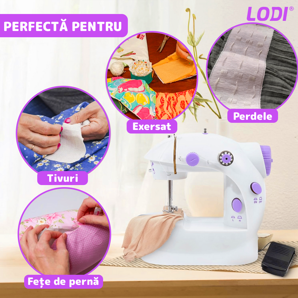 Mini Masina de Cusut XL Lodi1505, portabila, usor de utilizat, fara pedala, design ergonomic, iluminare, doua viteze de coasere, alimentare pe baterii sau la retea, reglare si tensionare a firului, 20 cm, alb/mov