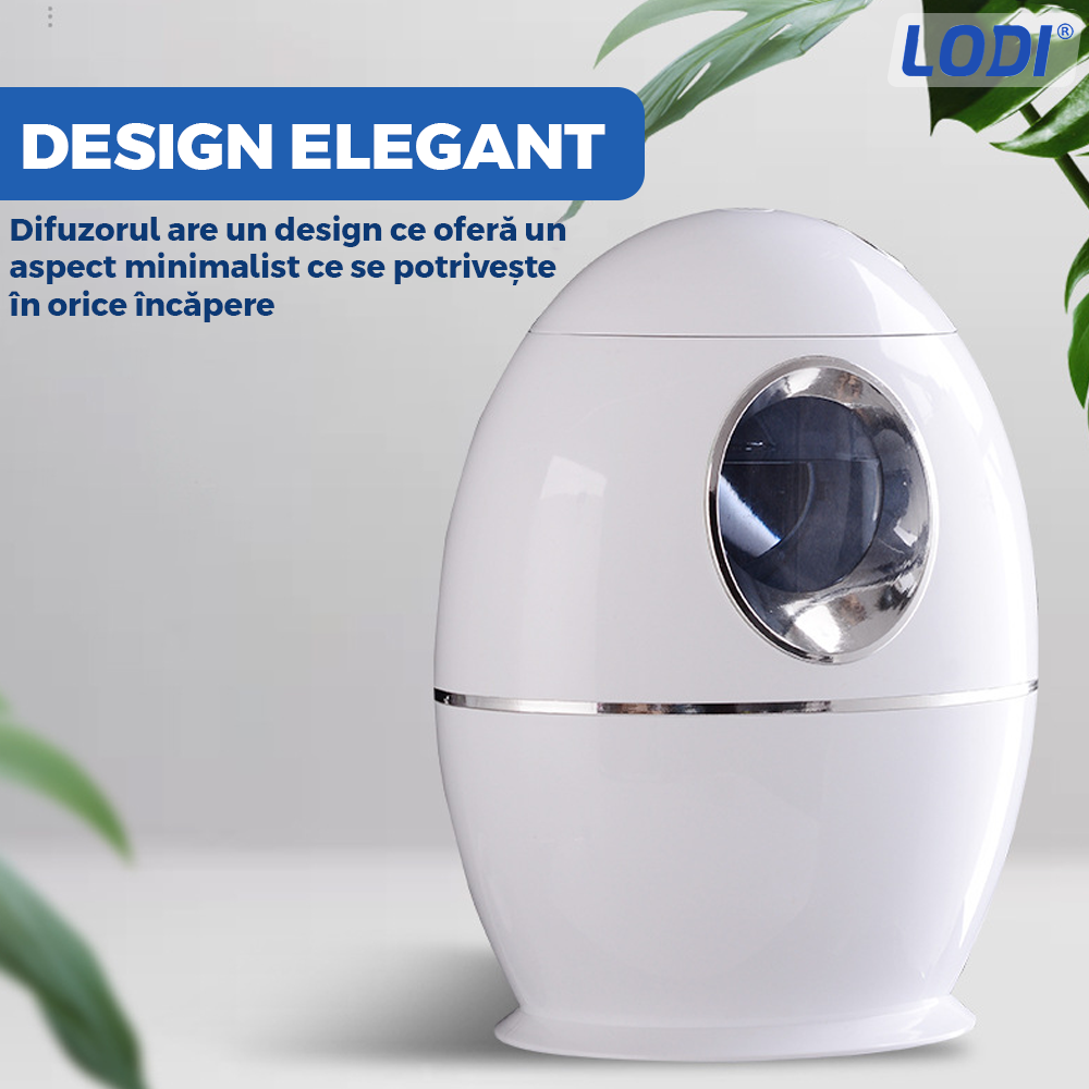 Difuzor Aromaterapie Lodi606, cu ultrasunete, design minimalist, 7 culori LED, 2 moduri de eliberare a aerului, capacitate 8000ml, silentios, umidifica aerul, alb