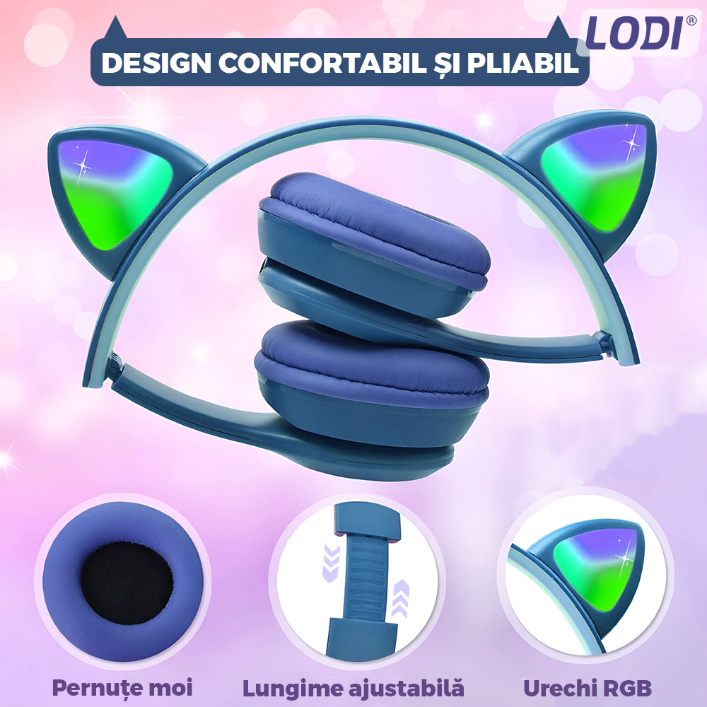 Casti Wireless Model Pisica Lodi954, P47M, overear, urechi de pisica cu iluminare RGB, bluetooth 5.0, handsfree, HiFi, bass stereo, albastru inchis