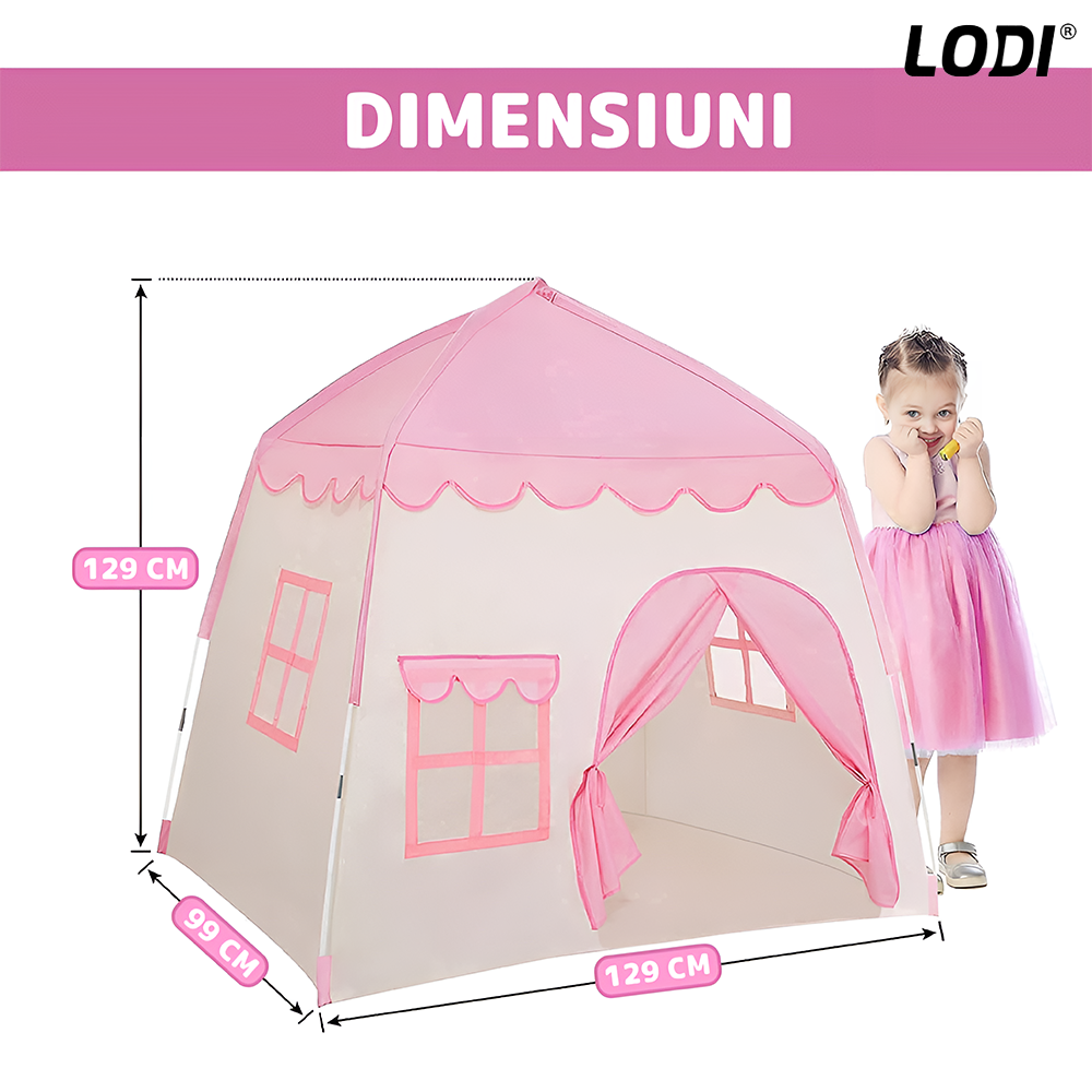 Cort de Joaca pentru Copii tip Casuta Lodi651, covoras inclus cu 2 fete, usa tip perdea, geamuri cu plasa, usor de montat, interior/exterior, roz