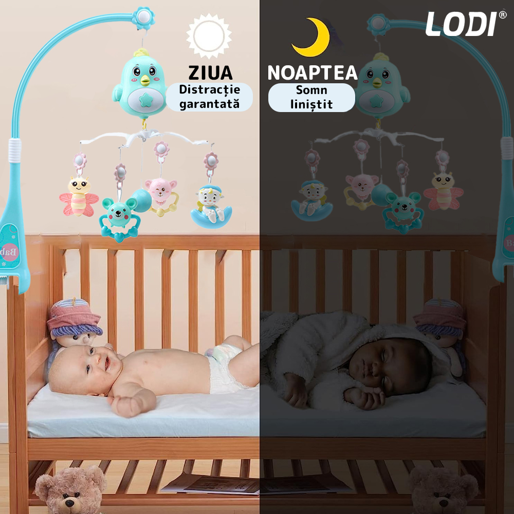 Carusel Muzical pentru Patut Lodi362, Bebe, control prin telecomanda, proiector, muzica si lumini, jucarii detasabile, albastru