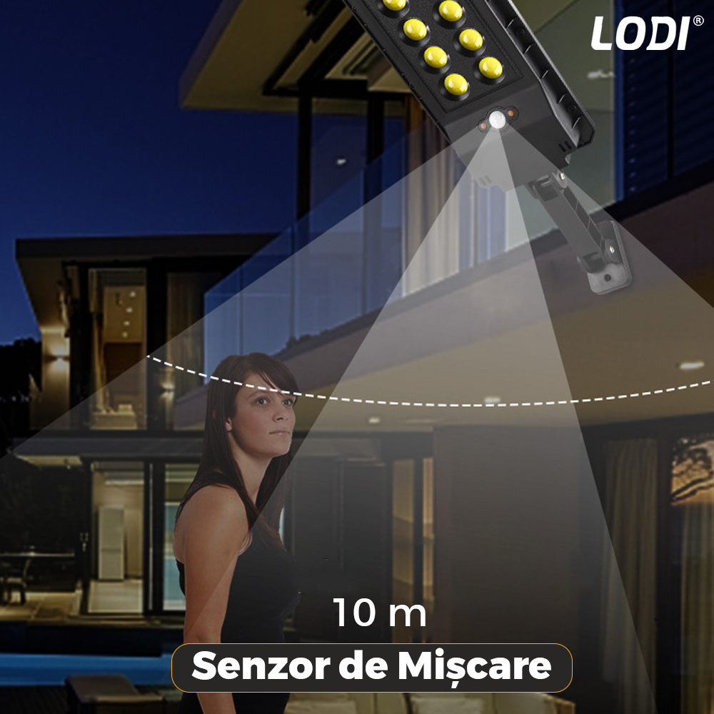 Lampa Solara Stradala 8 LED-uri Lodi865, tip bec, control prin telecomanda, senzor de miscare, 3 moduri de iluminare, protectie IP65, Waterproof, exterior, negru