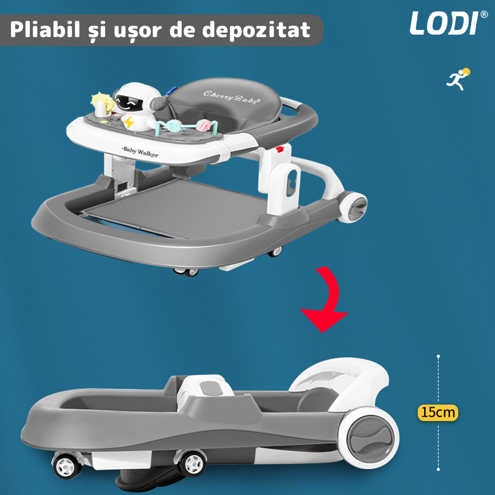 Premergator Multifunctional pentru Bebelusi Lodi516, tava cu 3 jucarii, muzica, reglabil, pliabil, greutate max 20kg, 6-36 luni, gri