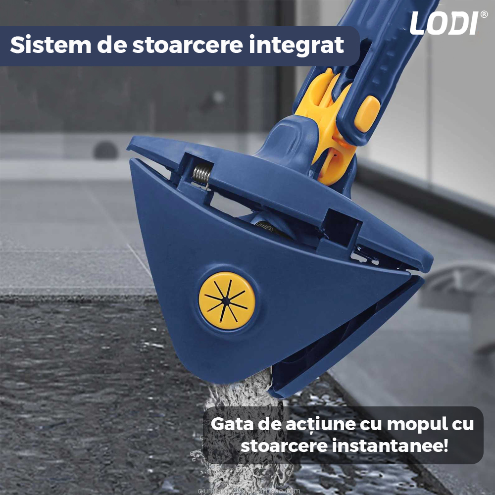 Mop cu Cap Triunghiular Lodi321, rotire 360 grade, telescopic, curatare usoara, 4 lavete incluse, 127 cm, albastru/galben