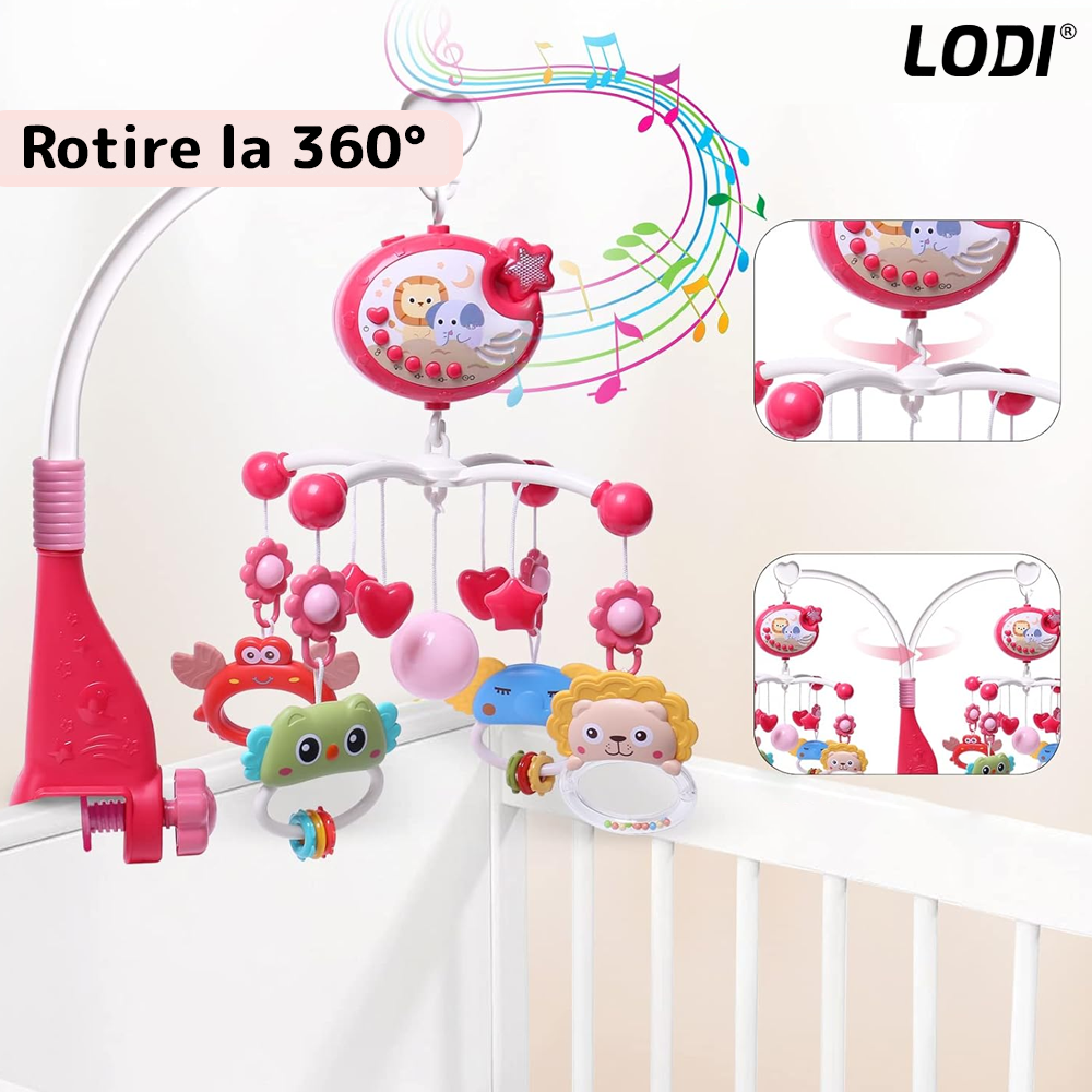 Carusel Muzical pentru Patut Lodi642, Bebe, control prin telecomanda, proiector, muzica si lumini, jucarii detasabile, rosu