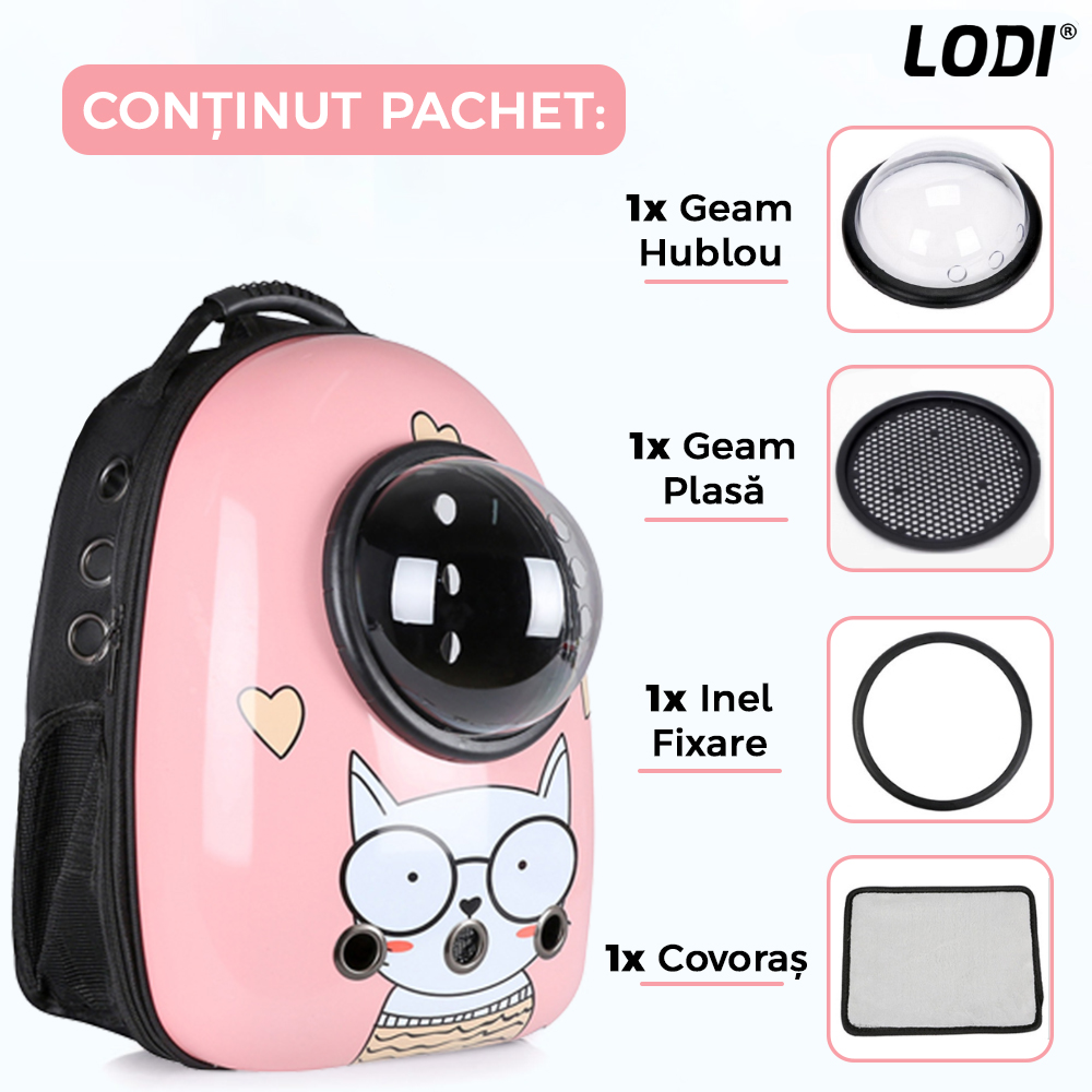 Rucsac Transport Animale Lodi22, greutate Max 7kg, hublou transparent, buzunar lateral, accesorii incluse, pentru talie mica, model Pisica, roz