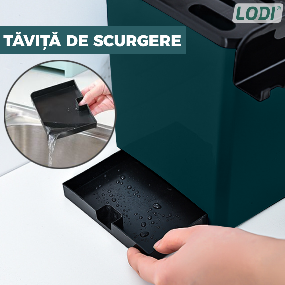 Organizator Multifunctional pentru Bucatarie Lodi537, 4 Compartimente, raft condimente, suport detasabil telefon, tavita de scurgere, suport tacamuri/ustensile, verde inchis