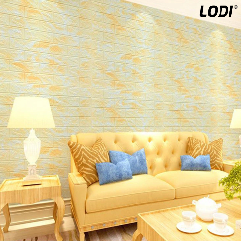 Set Tapet Caramida 3D Lodi77, Model Piatra Naturala, suprafata acoperire 5.3 mp, autoadeziv, waterproof, usor de montat, design modern, 70x77 cm, galben