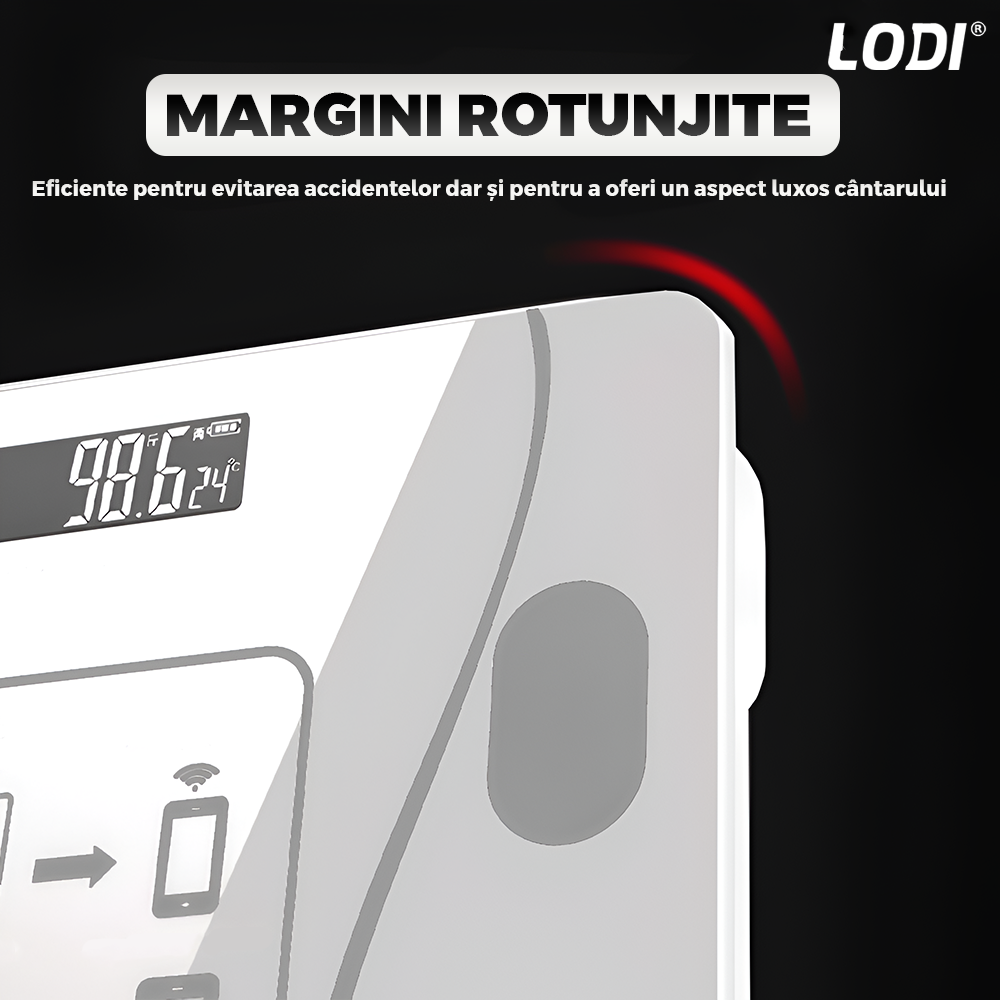 Cantar Electronic Inteligent Lodi1284, pentru baie, corporal, aplicatie smart, indicator greutate/baterie/temperatura, conectare bluetooth, afisaj digital iluminat, greutate maxima suportata 180 kg, baterii incluse,alb