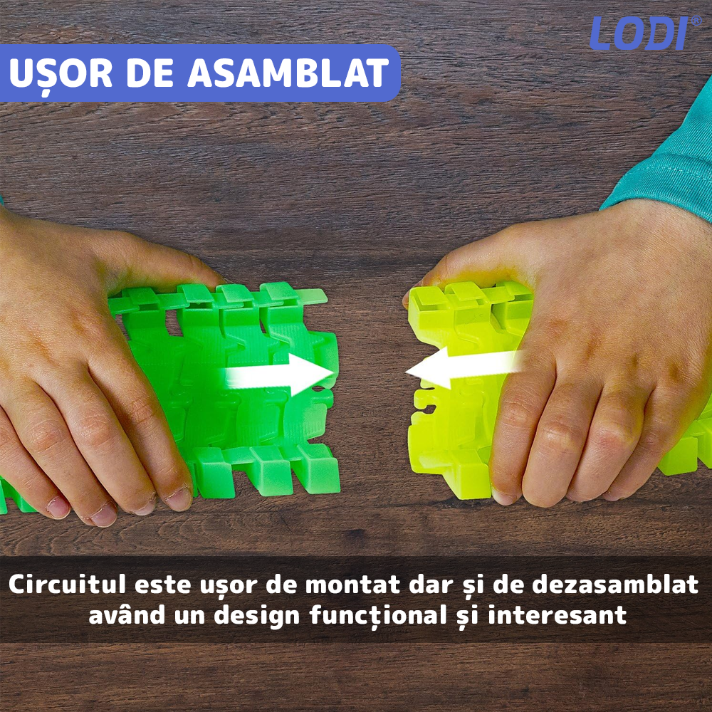 Circuit Masinute Lodi1071, 56 piese, pista iluminata configurabila, fosforescenta, masinuta cu lumini albastra, multicolor