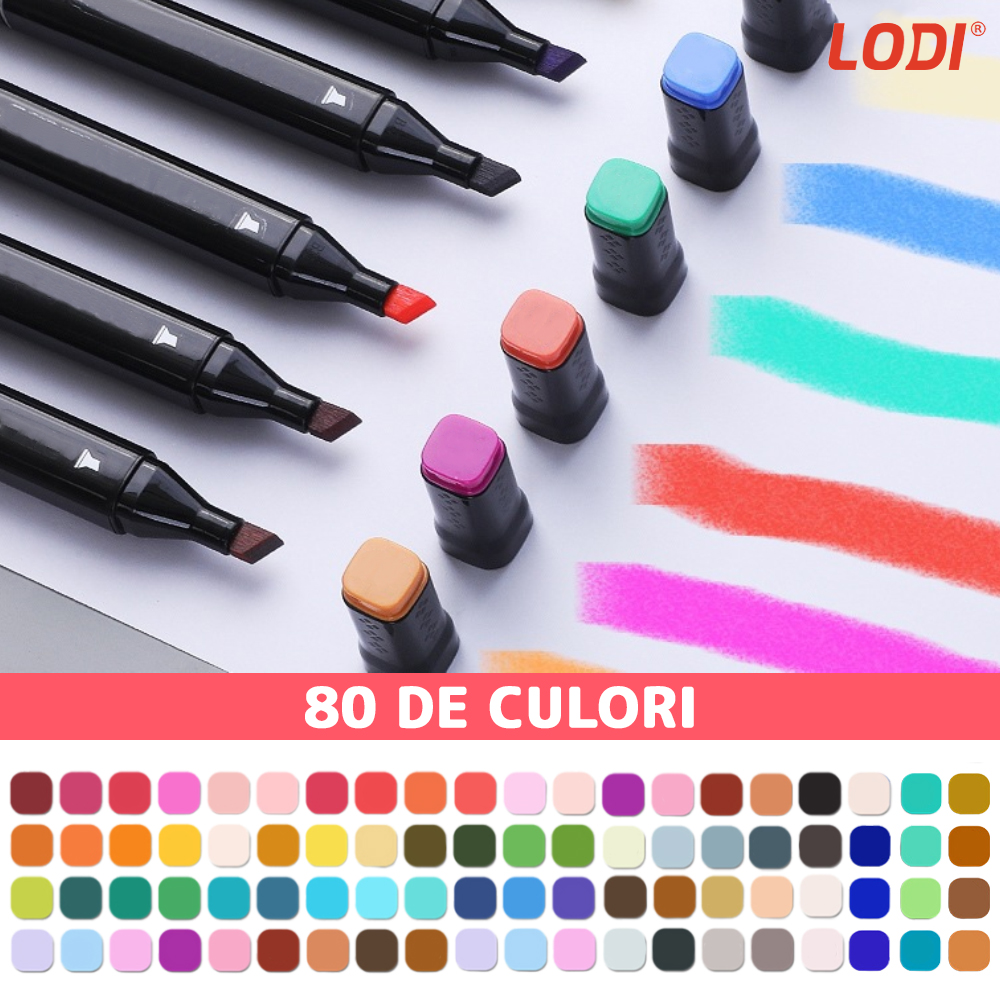 Set 80 Markere Lodi17, geanta de depozitare inclusa, 2 tipuri de varf, pe baza de alcool, culori intense, multicolor