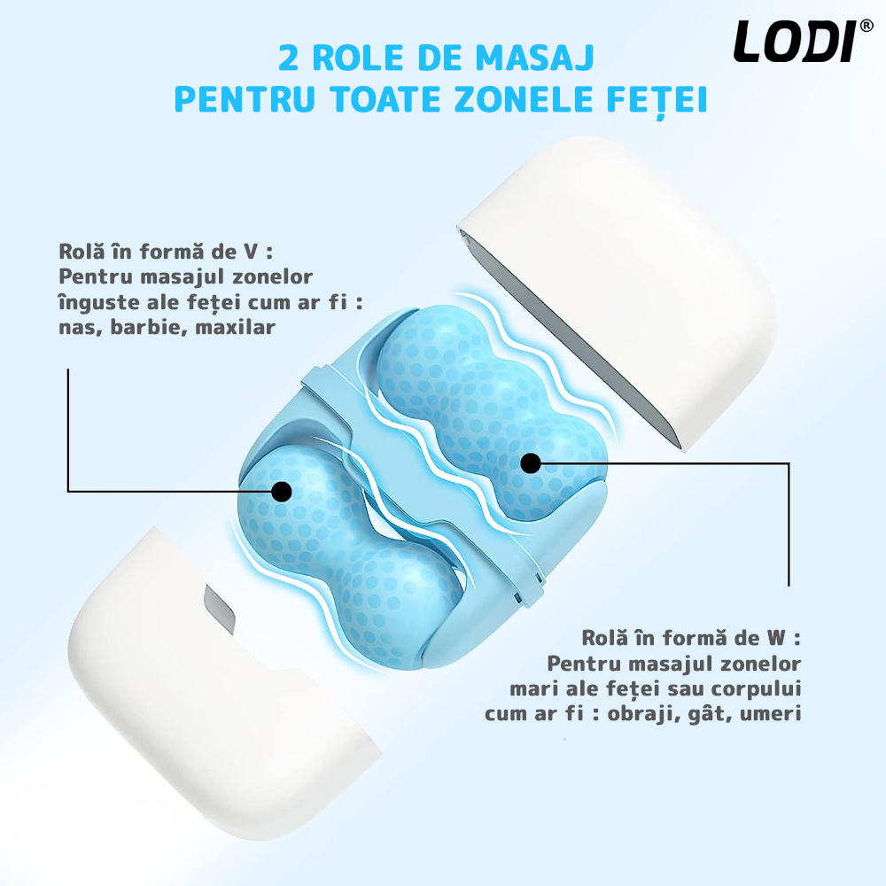 Rola de Masaj cu Gheata Lodi50, Ice Roller, 2 capete W si V, anti-aging, ingrijirea tenului, tonifiere, albastru/alb