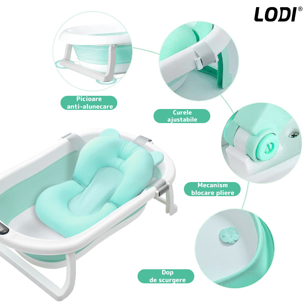 Cadita cu Pernuta pentru Bebelusi Lodi1314, casca de protectie inclusa, termometru digital incorporat, pliabila, dop de scurgere, picioare anti-alunecare, design ergonomic, 75 x 45 x 22 cm, verde
