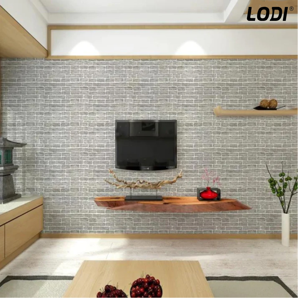 Set Tapet Caramida 3D Lodi83, Model Piatra Dreptunghiulara, suprafata acoperire 5.3 mp, autoadeziv, waterproof, usor de montat, design modern, 70x77 cm, gri