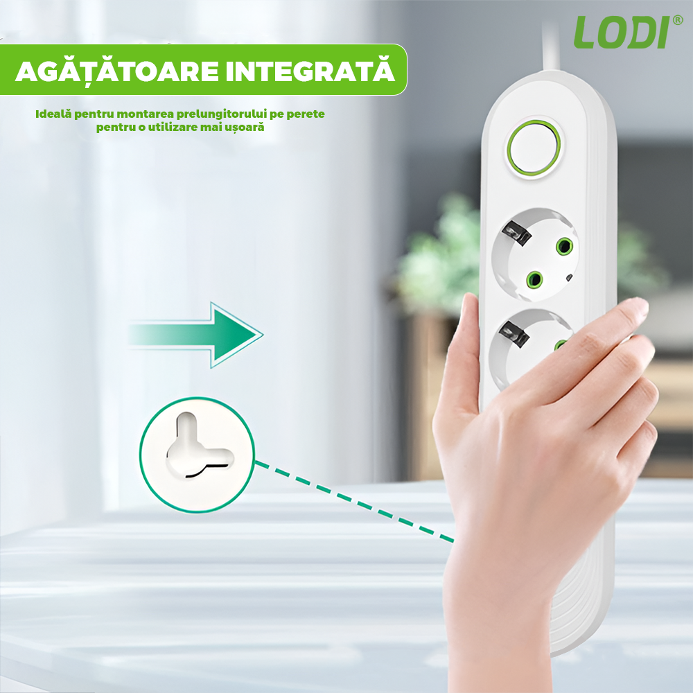 Prelungitor Lodi1276, 3 prize, 3 porturi USB, intrerupator, suport de agatare incorporat, rezistent la temperaturi inalte, universal, lungime 2 metri, alb