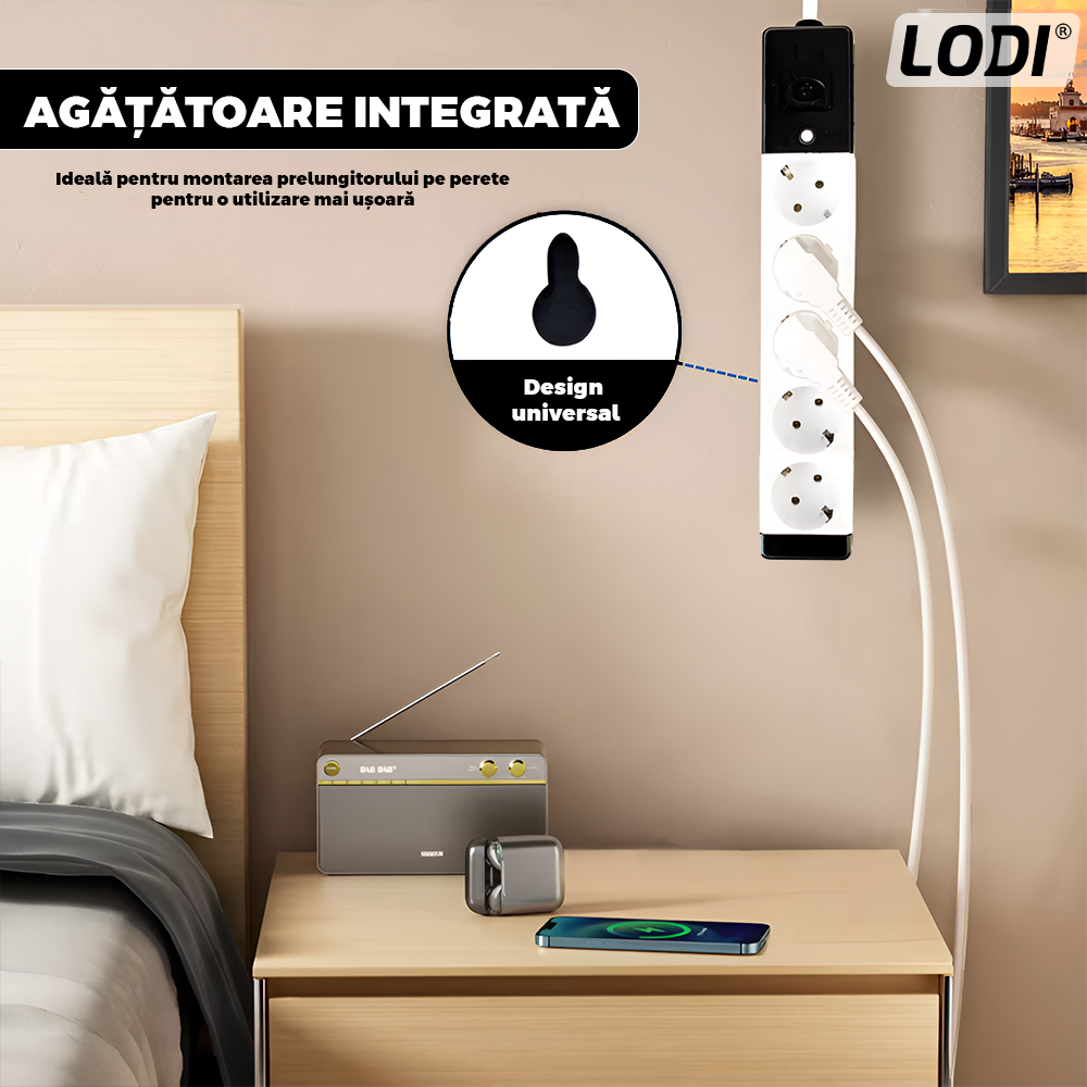 Prelungitor Lodi1281, 5 prize, intrerupator, suport de agatare incorporat, rezistent la temperaturi inalte, universal, lungime 5 metri, negru/alb