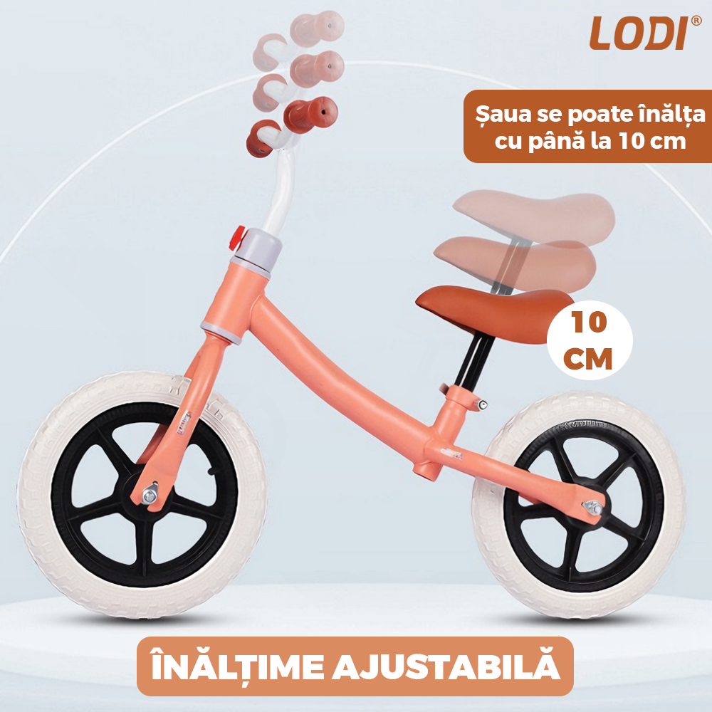 Bicicleta fara Pedale Lodi1116, inaltime reglabila, manere anti-alunecare, sa confortabila waterproof, roti de 12 inch, cauciuc rezistent, 2-5 ani, portocaliu