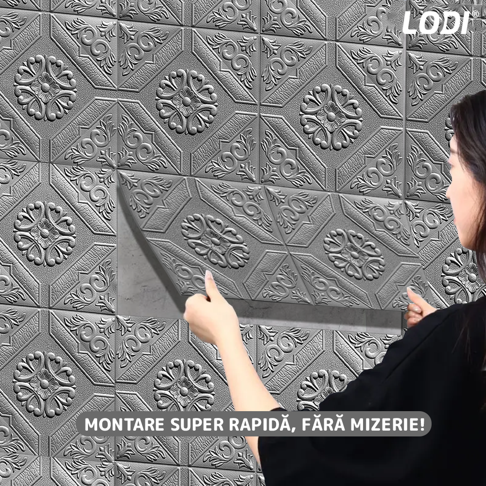 Set 10x Tapet 3D Lodi779, suprafata acoperire 4.9 mp, autoadeziv, Model Floral Carou, perete/tavan, waterproof, usor de montat, design modern, 70x70 cm, gri
