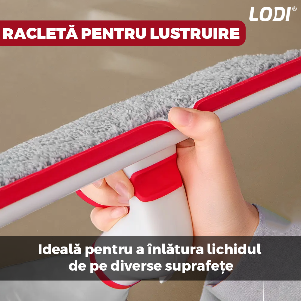 Stergator de Geamuri Multifunctional tip Sticla Lodi707, laveta detasabila, racleta pentru curatare si lustruire, sticla de spray incorporata, rosu