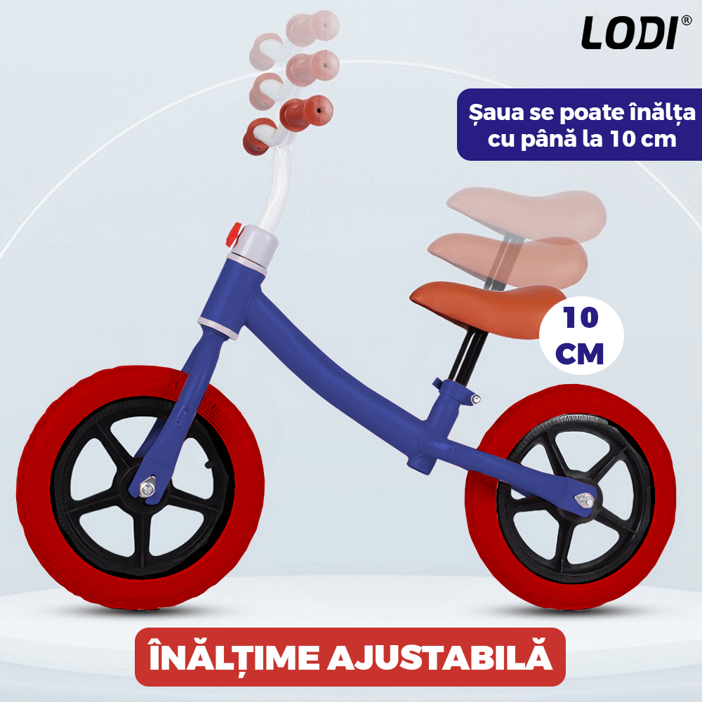Bicicleta fara Pedale Lodi1117, inaltime reglabila, manere anti-alunecare, sa confortabila waterproof, roti de 12 inch, cauciuc rezistent, 2-5 ani, albastru/rosu
