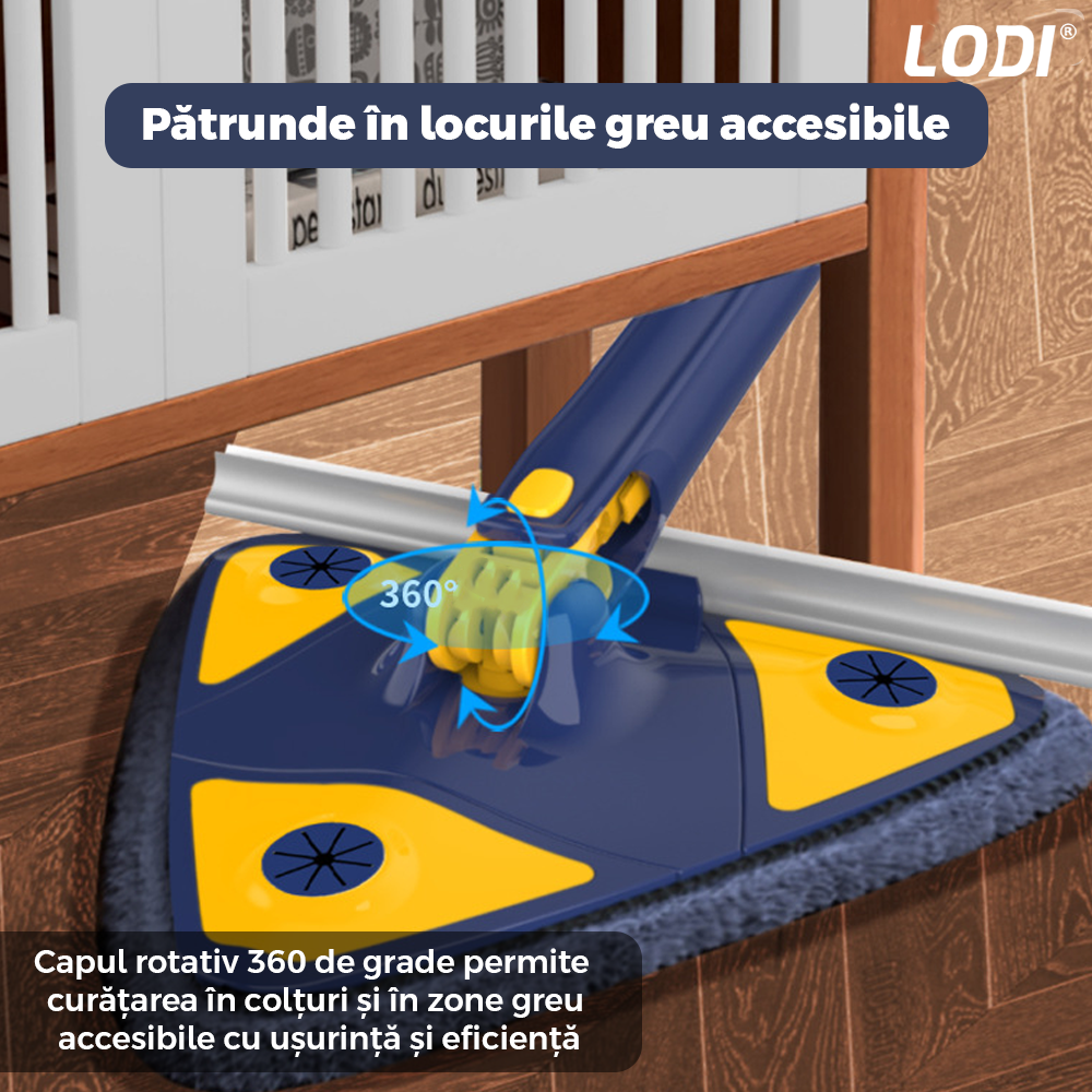 Mop cu Cap Triunghiular Lodi550, rotire 360 grade, telescopic, curatare usoara, 4 lavete incluse, 127 cm, albastru/galben deschis