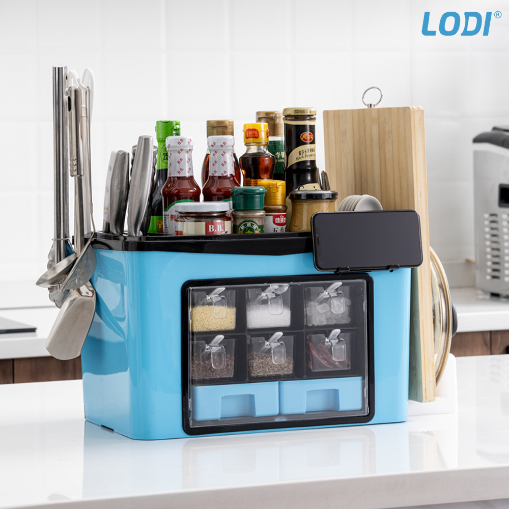 Organizator Multifunctional pentru Bucatarie Lodi485, suport sticle, rafturi pentru condimente, cuier pentru ustensile, suport cutite, 46 x 26 x 43 cm, albastru