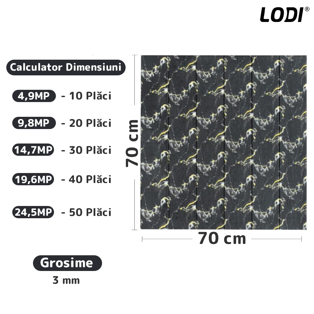 Set Tapet Panou 3D Lodi95, Model Marmura, suprafata acoperire 4.9 mp, autoadeziv, waterproof, usor de montat, design modern, 70x70 cm, negru
