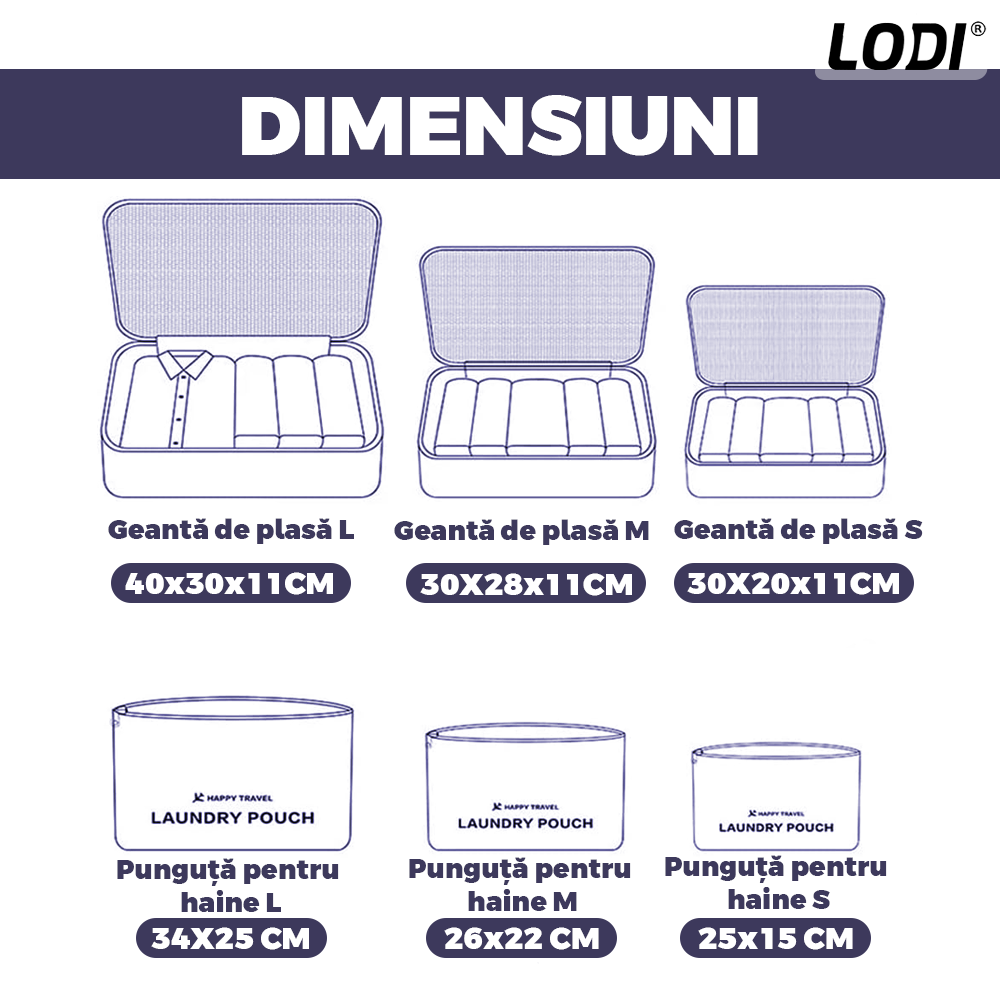 Set 6 Organizatoare Lodi671, pentru calatorie, diferite marimi, bagaj de voiaj, valiza, troler, genti, haine, accesorii, inchidere cu fermoar dublu, plasa, albastru inchis