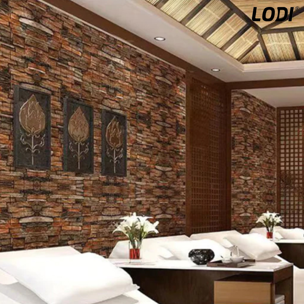 Set Tapet Caramida 3D Lodi85, Model Piatra Naturala, suprafata acoperire 5.3 mp, autoadeziv, waterproof, usor de montat, design modern, 70x77 cm, rosu