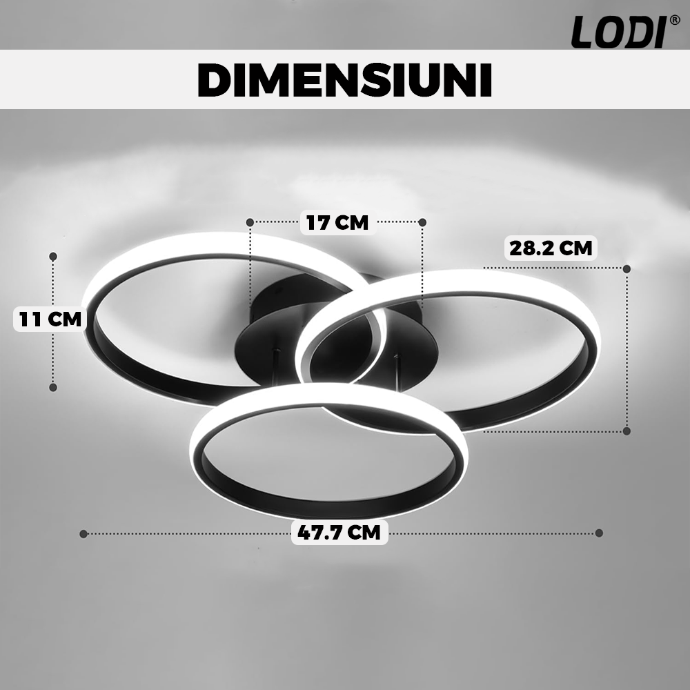 Lustra LED 3 Cercuri Lodi427, dimabila cu telecomanda, 3 tipuri de lumina, intensitate ajustabila, lumina alba rece, neutra, alba cald, putere 76 W, 47.7 cm