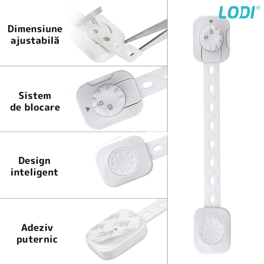 Set 6 x Siguranta Usi Copii Lodi31, sistem de inchidere dubla, blocare usi/sertare/duapuri, ajustabile pe lungime, adeziv puternic, anti-deschidere accidentala, alb