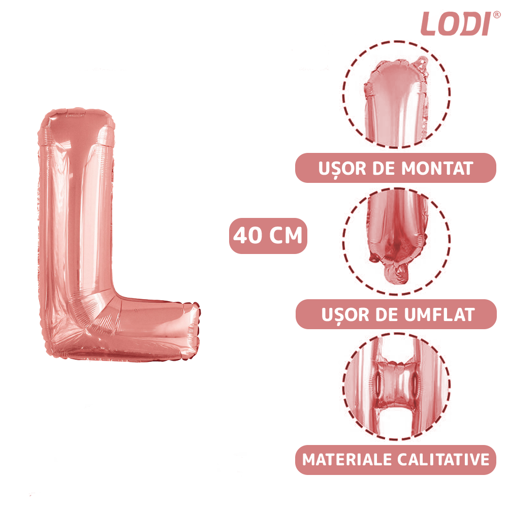 Balon in Forma de Litera L Lodi1472, metalizat, pentru Petreceri/Aniversari/Evenimente, rezistent, folie, rose gold, 40 cm