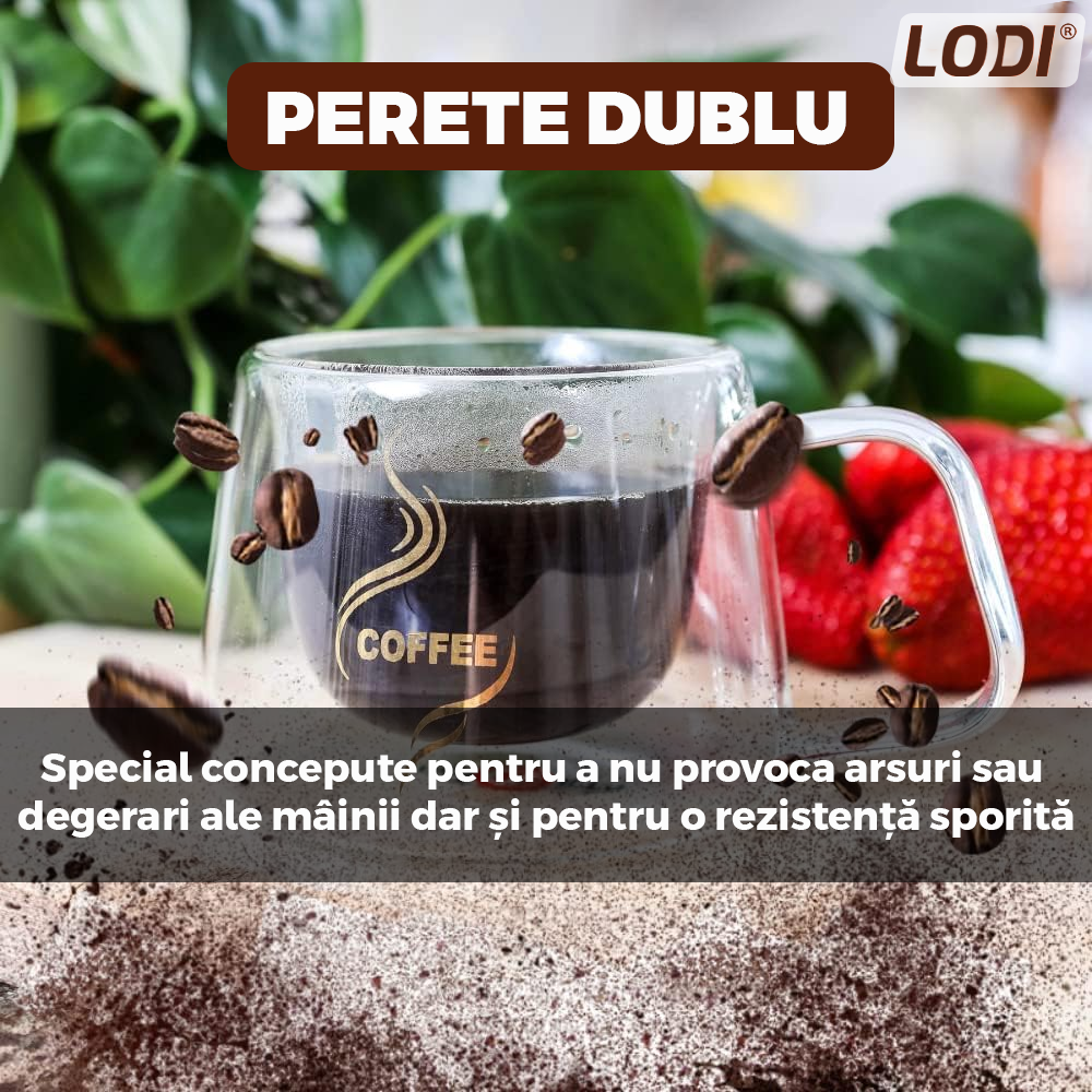 Set 4 Cani de Sticla cu Perete Dublu Lodi1004, model COFFEE, design modern, termorezistente, capacitate 200 ml, 12 x 8 cm
