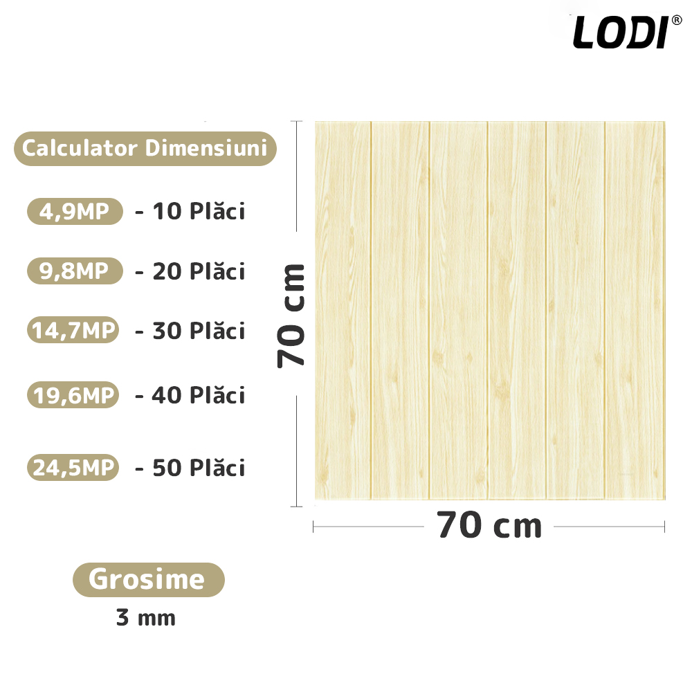 Set Tapet Panou 3D Lodi100, Model Lemn, suprafata acoperire 4.9 mp, autoadeziv, waterproof, usor de montat, design modern, 70x70 cm, galben