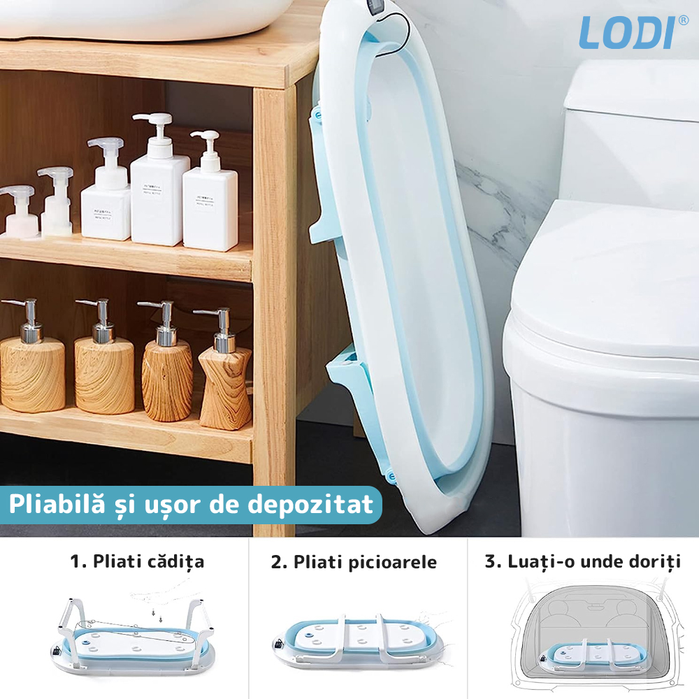 Cadita cu Pernuta pentru Bebelusi Lodi42, termometru digital incorporat, pliabila, dop de scurgere, picioare anti-alunecare, design ergonomic, 75 x 45 x 22 cm, albastru