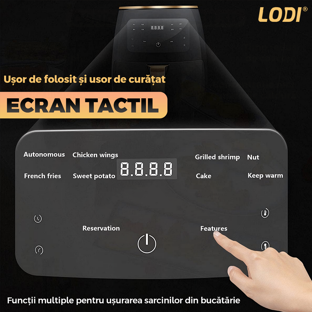 Friteuza Fara Ulei Air Fryer Lodi, tehnologie smart sensing, programe smart chef automate, afisaj digital, capacitate 6 L, tehnologie de eliminare a grasimii, functie de pastrare la cald, tensiune alimentare 220 V