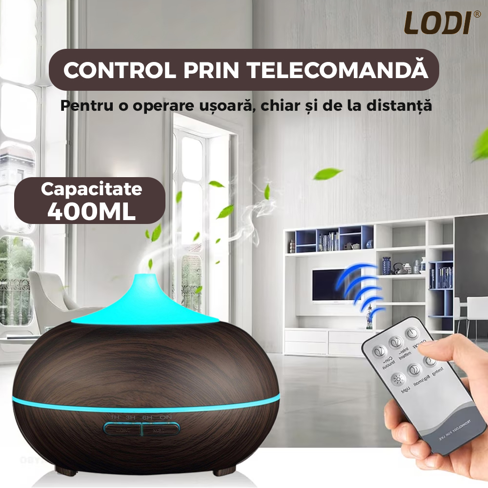 Difuzor Aromaterapie Lodi212, 7 culori LED, 2 jocuri de lumini, control prin telecomanda, capacitate 500ml, silentios, umidifica aerul, stejar inchis