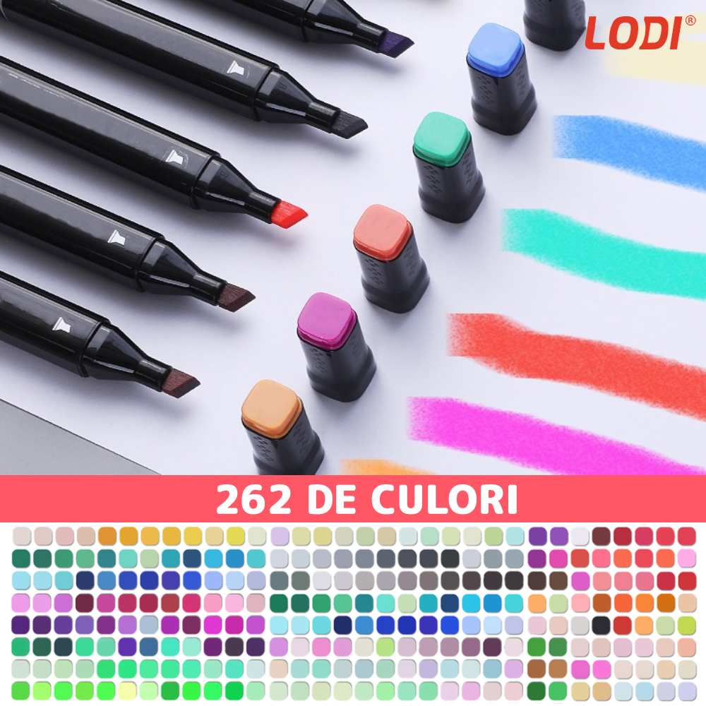Set 262 Markere Lodi20, geanta de depozitare inclusa, 2 tipuri de varf, pe baza de alcool, culori intense, multicolor