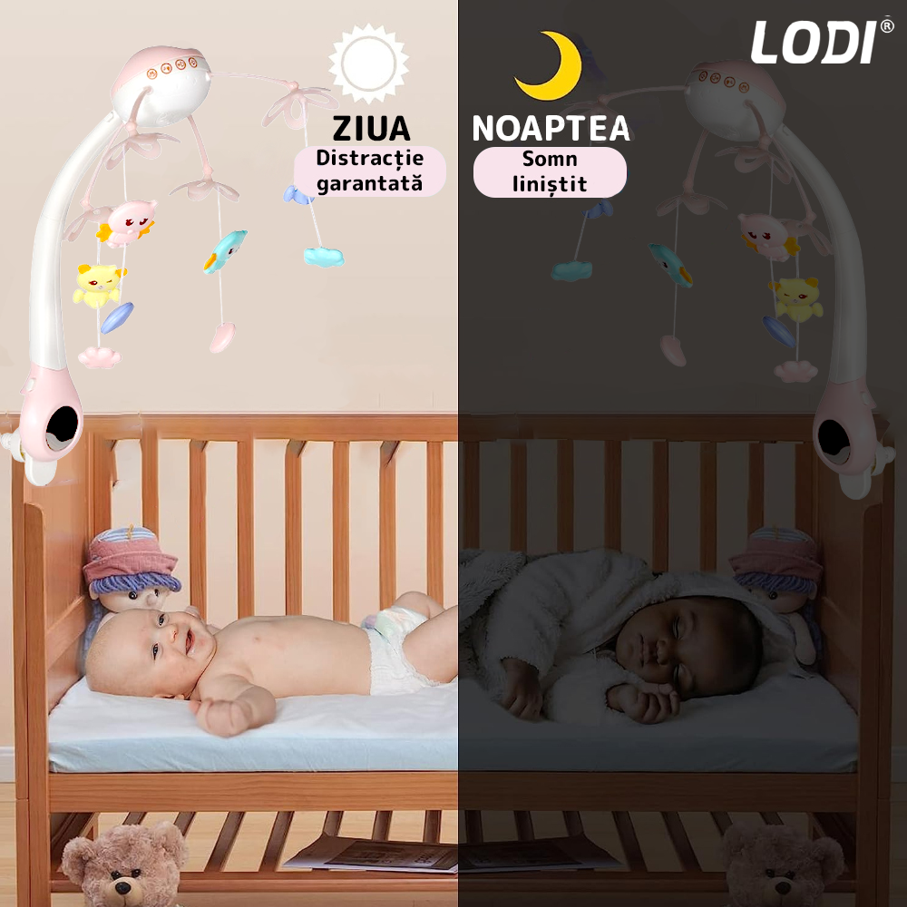 Carusel Muzical pentru Patut Lodi526, Bebe, control prin telecomanda, proiector, muzica si lumini, jucarii detasabile, roz