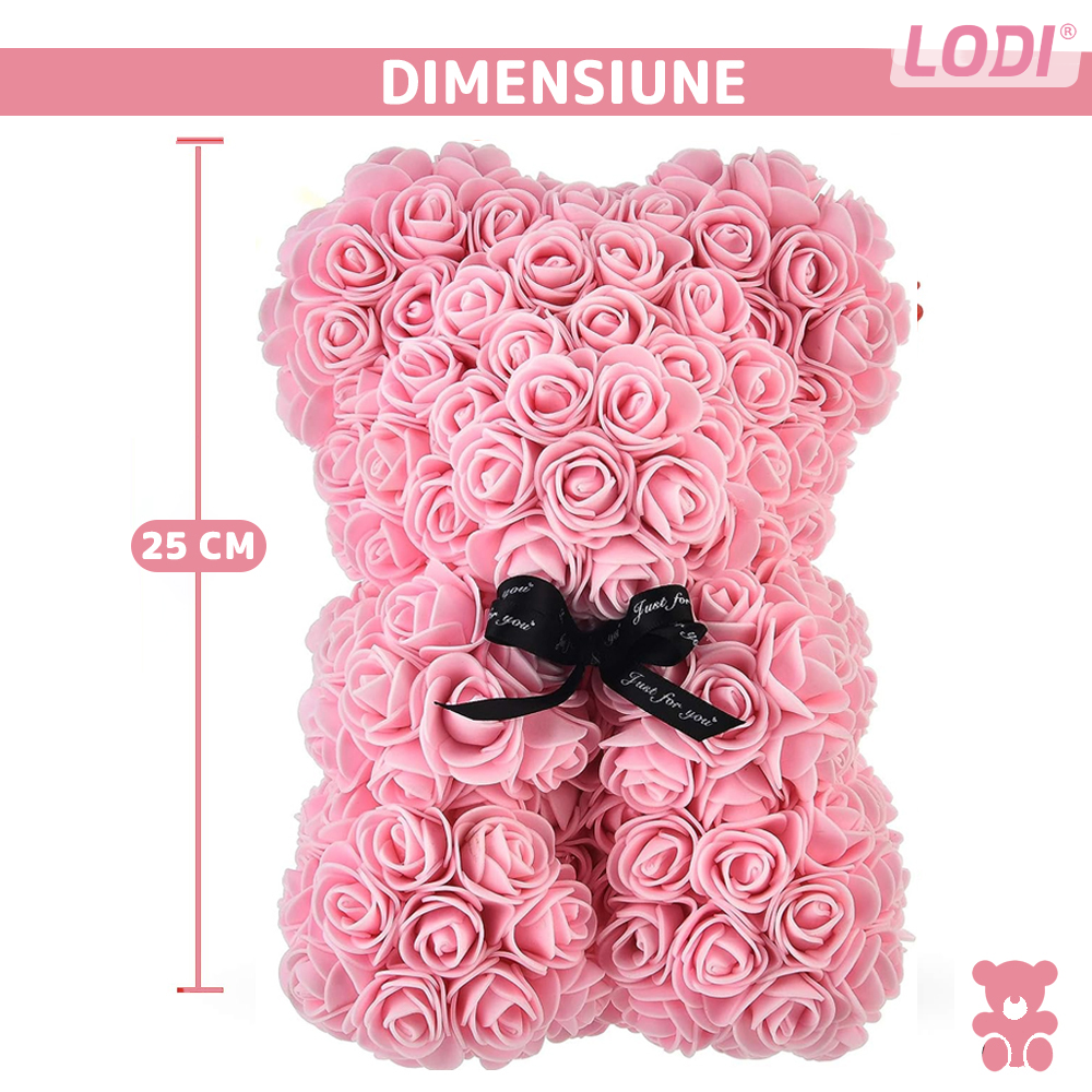 Ursulet din Trandafiri de Spuma Lodi331, floral roz, handmade, cutie transparenta, 25 cm