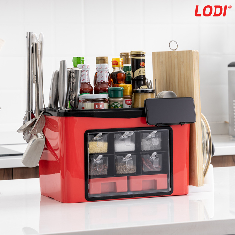 Organizator Multifunctional pentru Bucatarie Lodi484, suport sticle, rafturi pentru condimente, cuier pentru ustensile, suport cutite, 46 x 26 x 43 cm, rosu