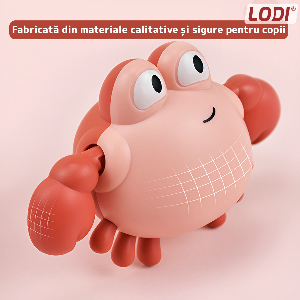 Jucarie de Baie pentru Copii Lodi857, Crab Inotator, interactiva, fara baterii, mecanism cu cheita, 9 x12 cm, bej/rosu