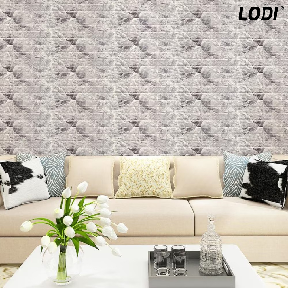 Set Tapet Caramida 3D Lodi78, Model Piatra Naturala, suprafata acoperire 5.3 mp, autoadeziv, waterproof, usor de montat, design modern, 70x77 cm, gri